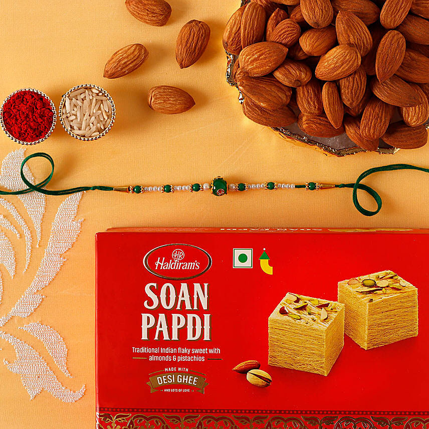 Sneh Fancy Green Rakhi with 250 grams Soan Papdi and Almonds