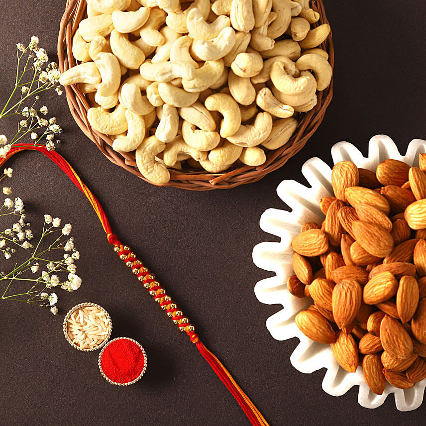 Sneh Gold Mauli Rakhi with Almonds and Cashew