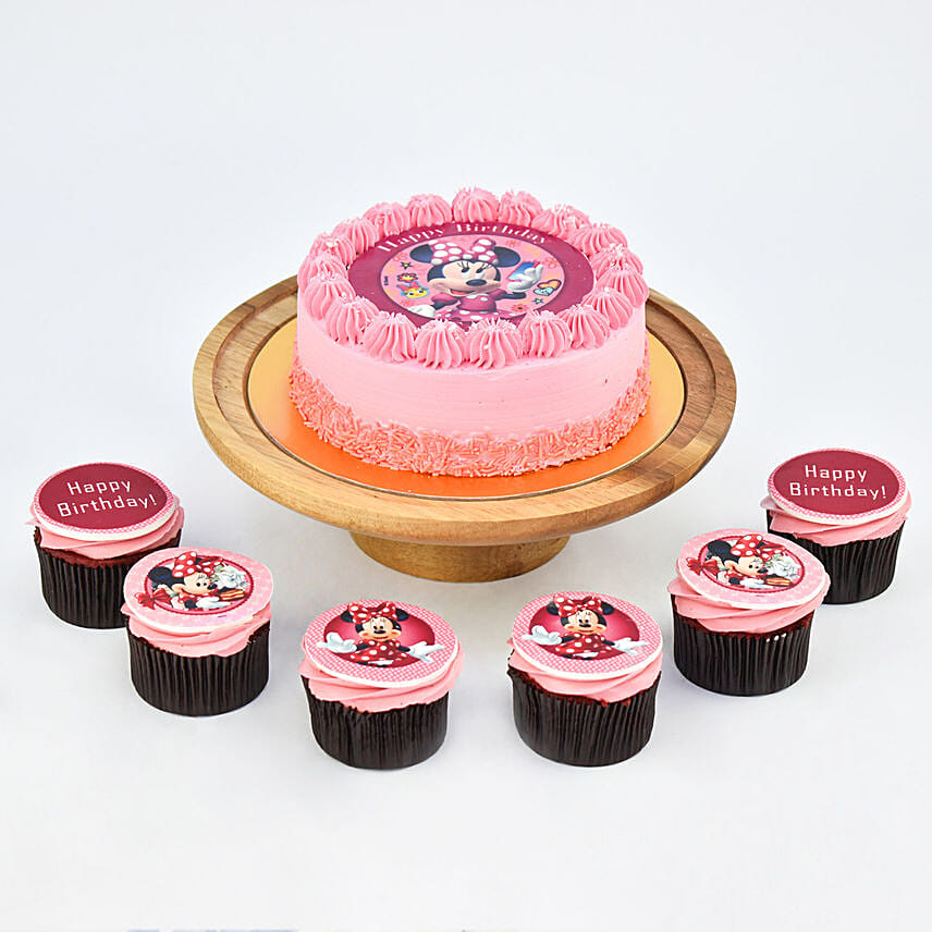 Cute Minni Mouse Birthday Chocolate Cake and Chocolate Cupcakes