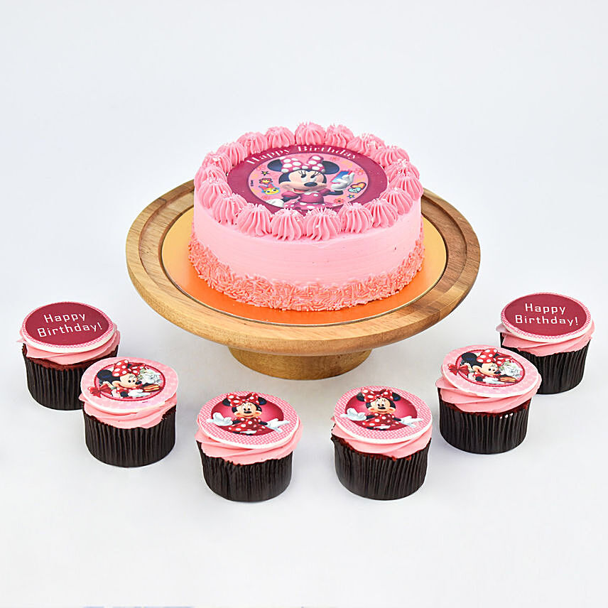 Cute Minni Mouse Birthday Vanilla Cake and Chocolate Cupcakes