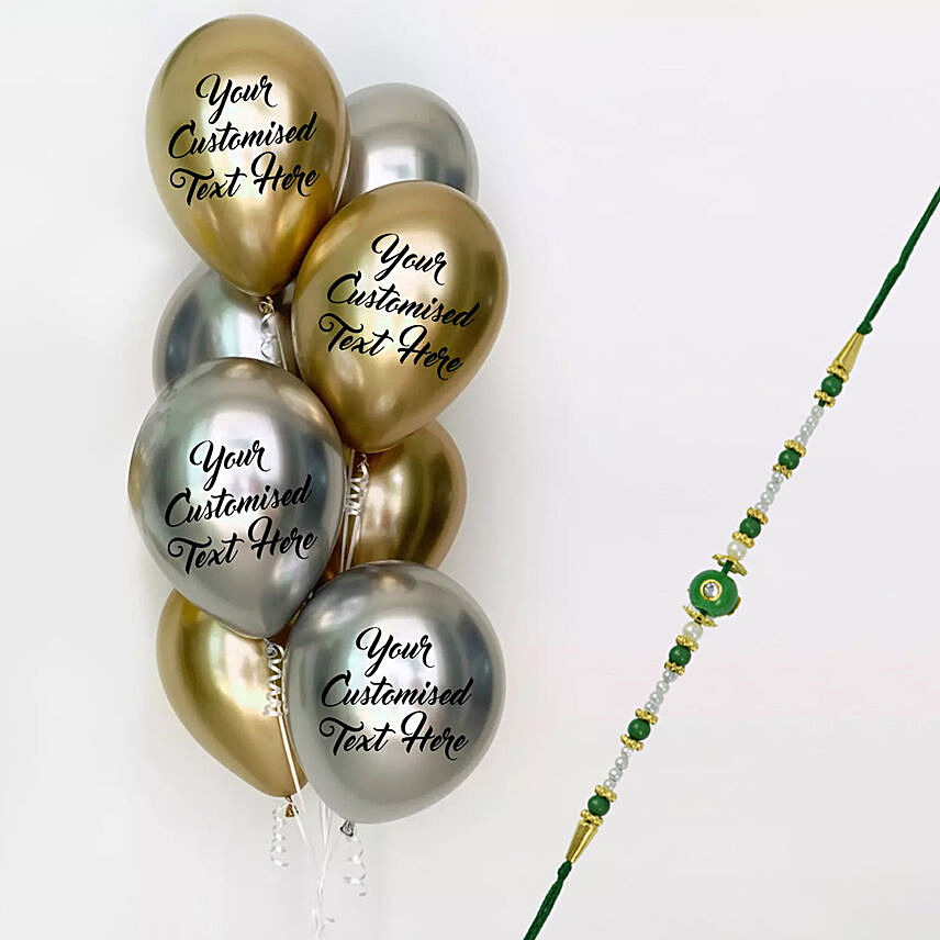 Gold and silver with Customized Text Balloons With Rakhi