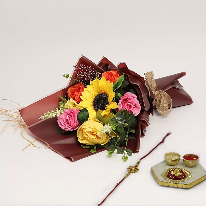 Vibrant Artificial Mixed Flowers Bouquet With Rakhi