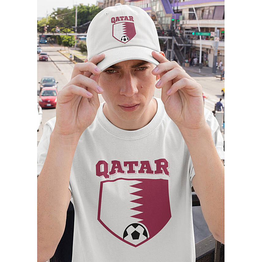 Unisex Soccer White T Shirt and Cap Combo Qatar S