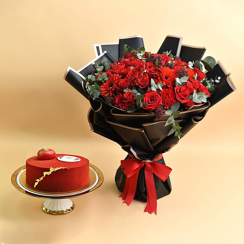 Joyful Red bouquet and Cake