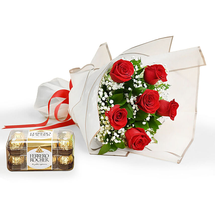 Valentine 6 Roses Bouquet With Ferrero Rocher