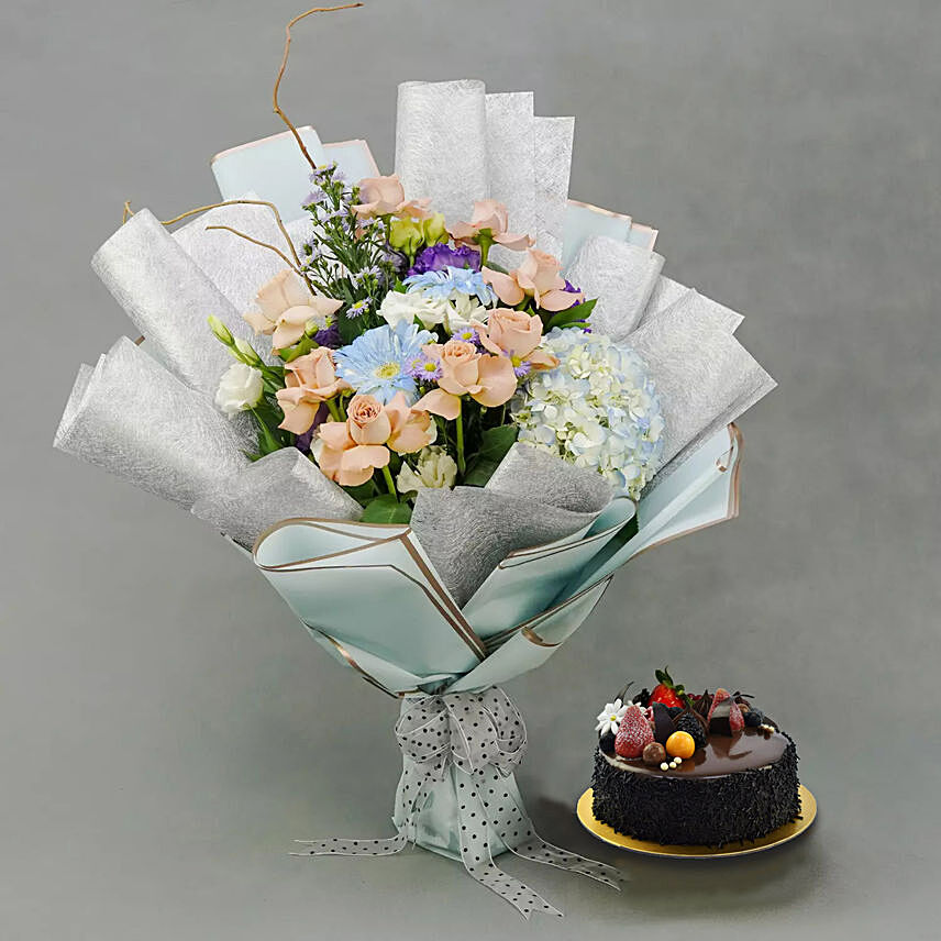 Behind Blue Eyes Bouquet and Cake