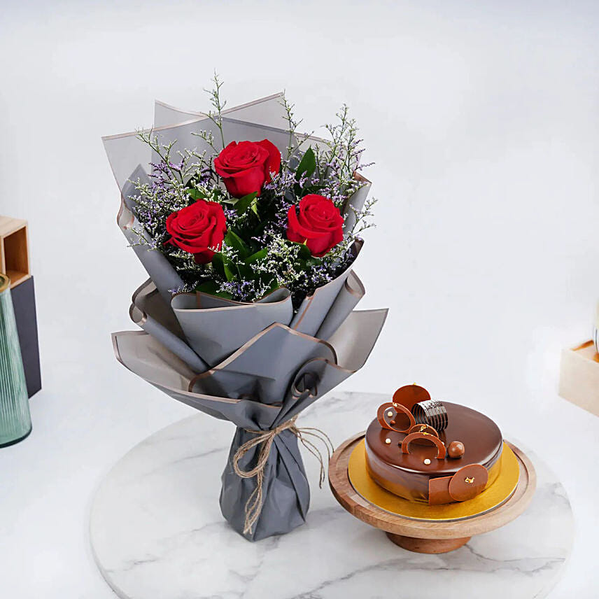 Chocolate Cake with Buch of 3 Red Roses