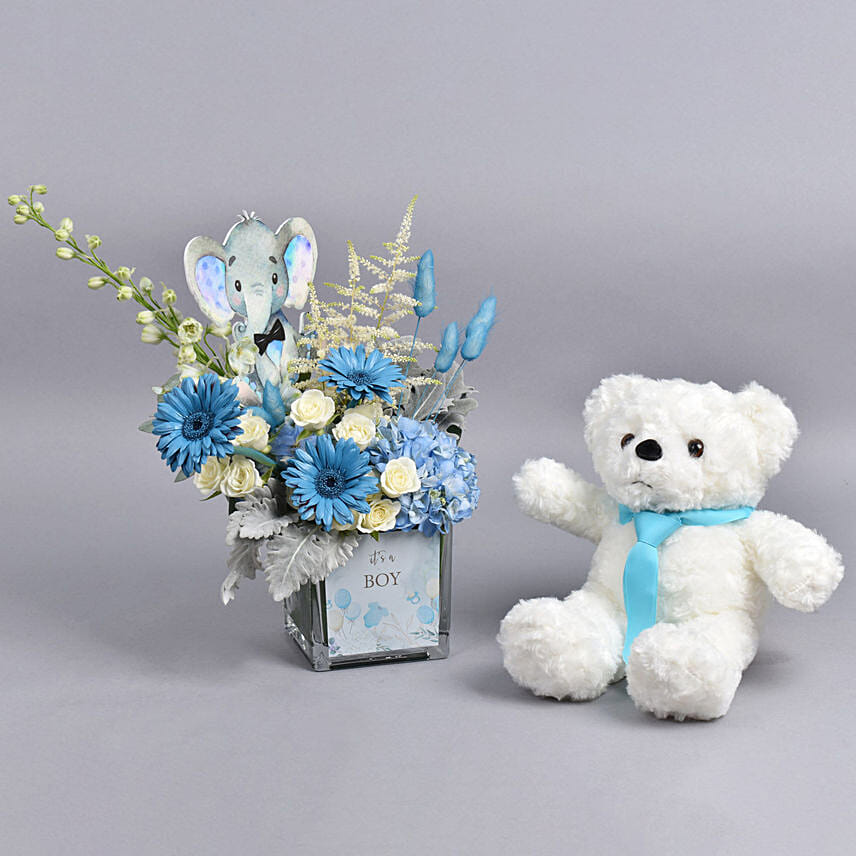 Online Its a Boy Flowers With Teddy Gift Delivery in UAE FNP