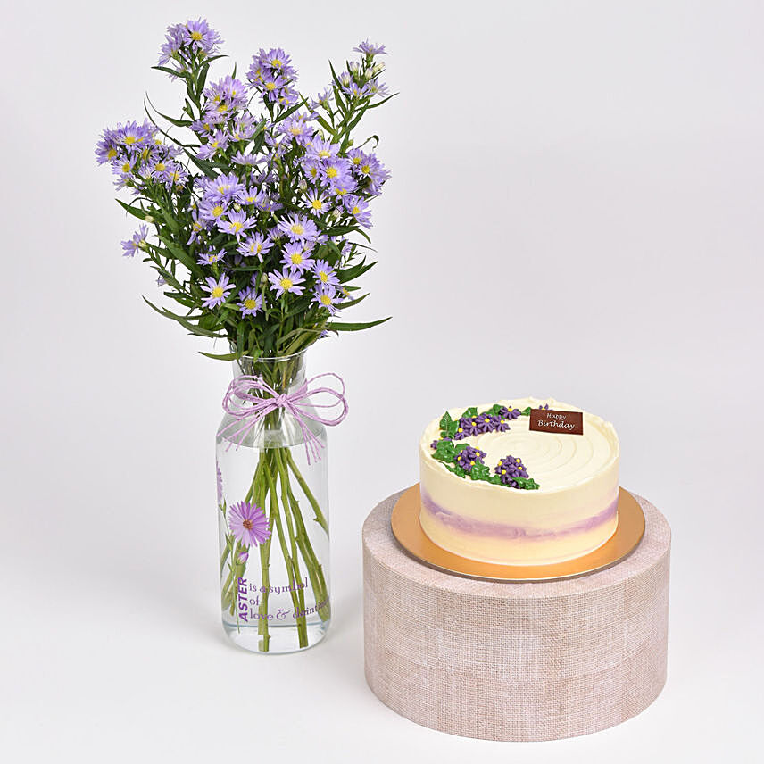 Aster Flower Elegance Birthday Wish with Cake