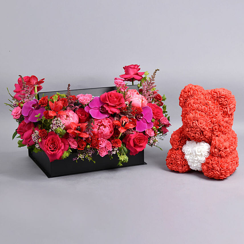 Love Flowers Box And Teddy