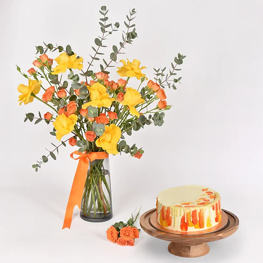 Orange and Yellow Roses and Cake