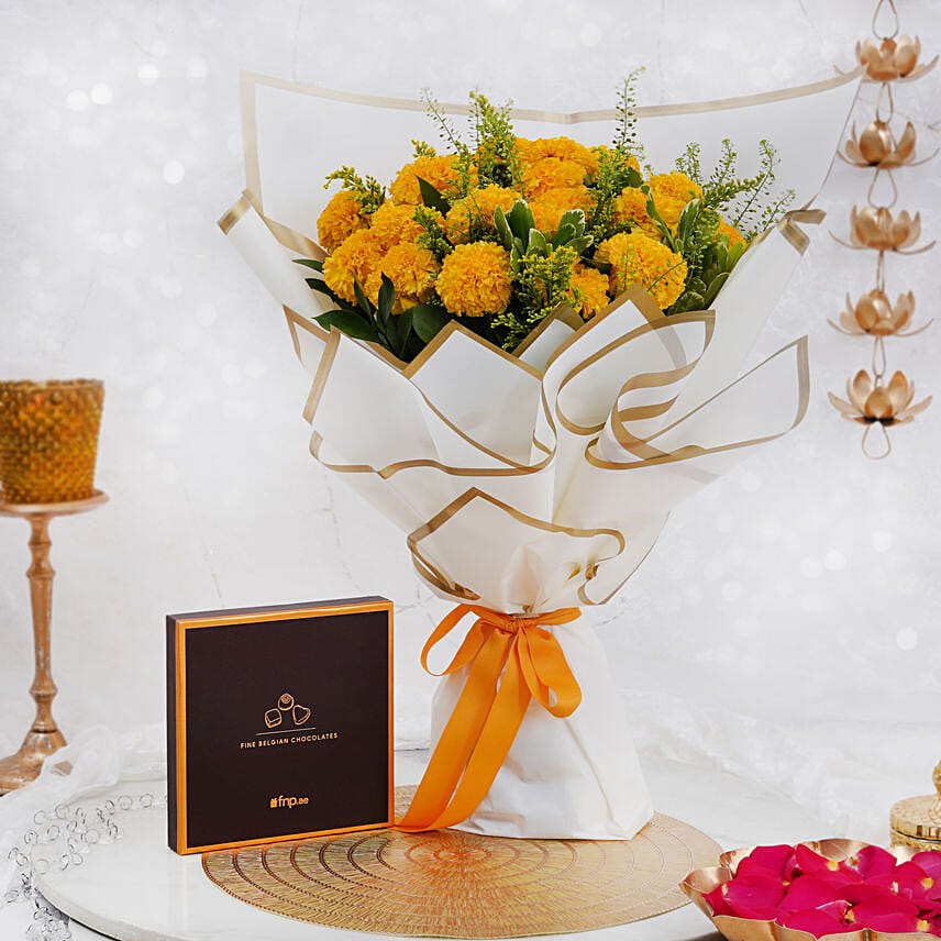 Online Marigold Bouquet and Belgian Chocolates Gift Delivery in UAE FNP