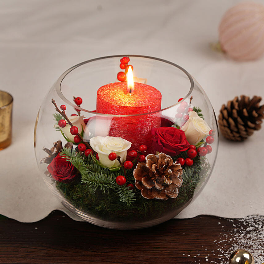 Online Candle Light Flowers in Glass Bowl Gift Delivery in UAE FNP