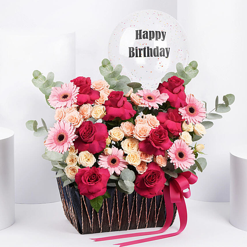 Online Personalised Name Birthday Balloon & Flower Basket Gift Delivery