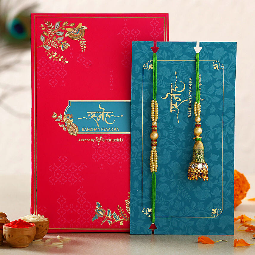 Ethnic Green Pearl And Lumba Rakhi Set