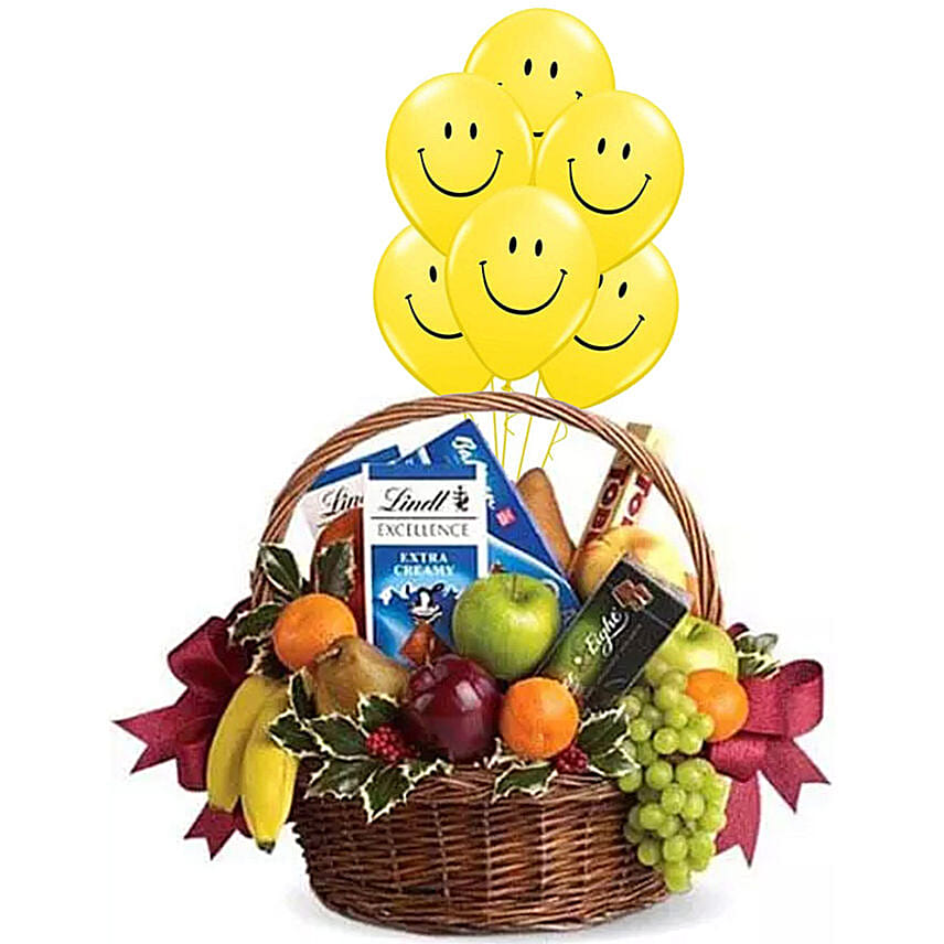 Fruitful Hamper With Smiley Balloons