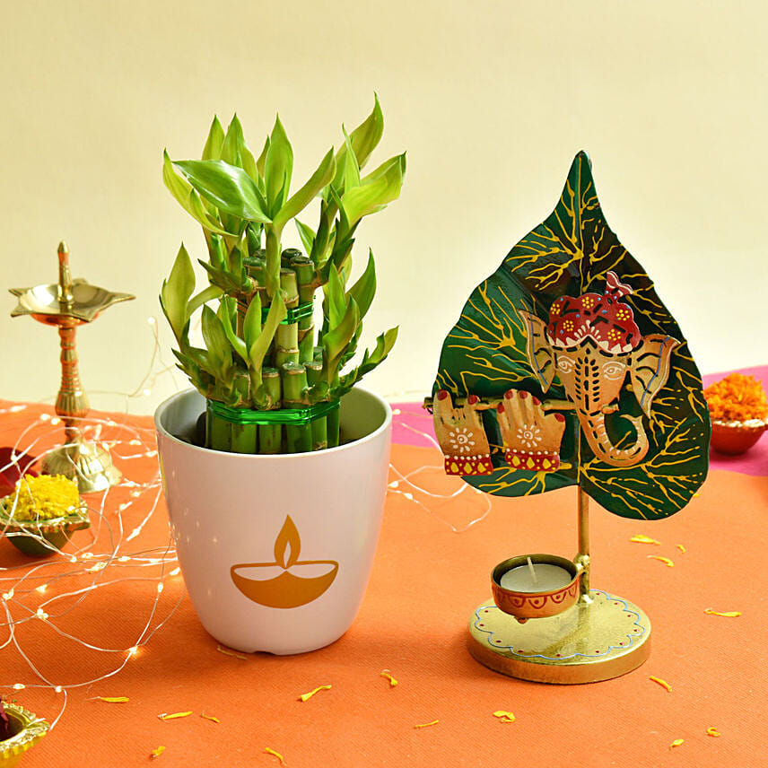 Ganesha Flute Tea Light Stand With Lucky Bamboo