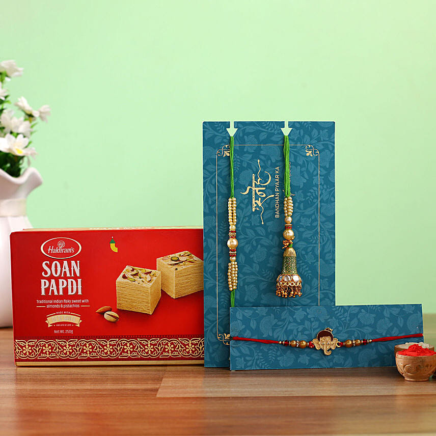 Green Lumba Rakhi Set & Kids Rakhi With Soan Papdi