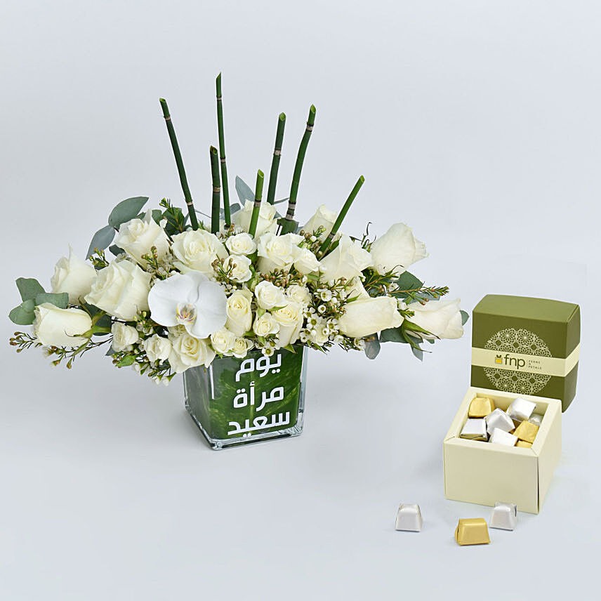 Happy Womens Day White Roses With Chocolates
