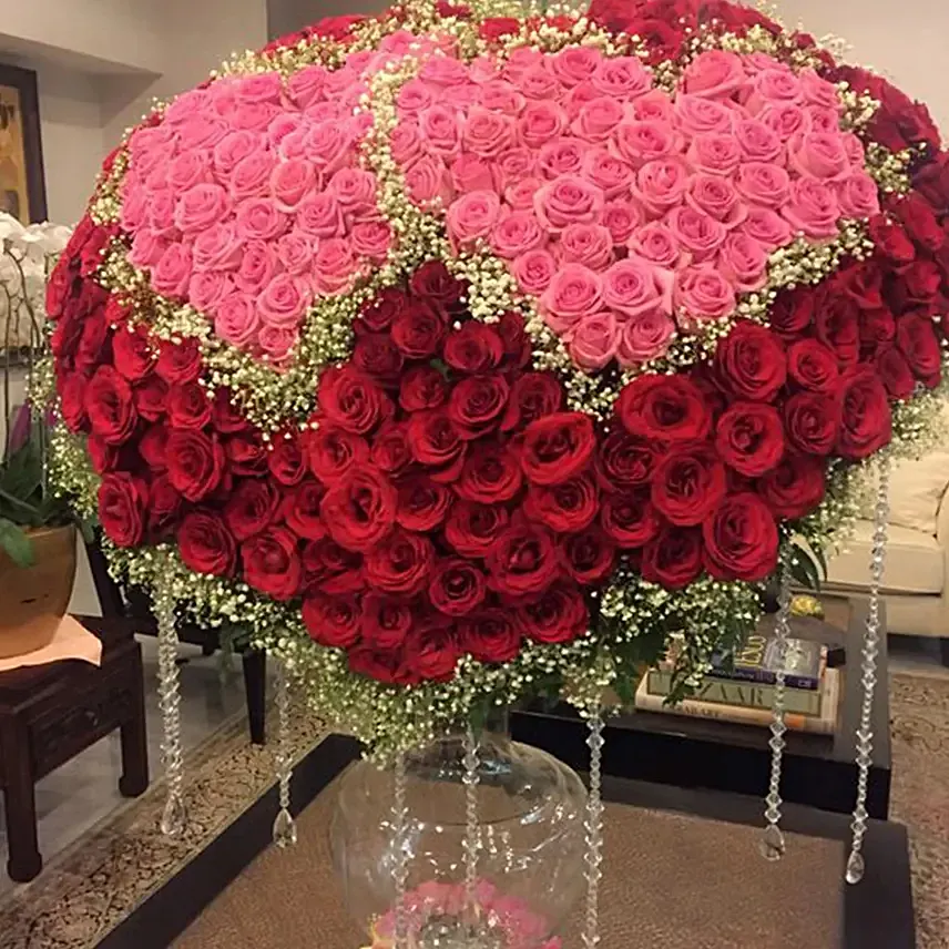 500 وردة حمراء ووردية معاً على شكل قلب كبير جميل