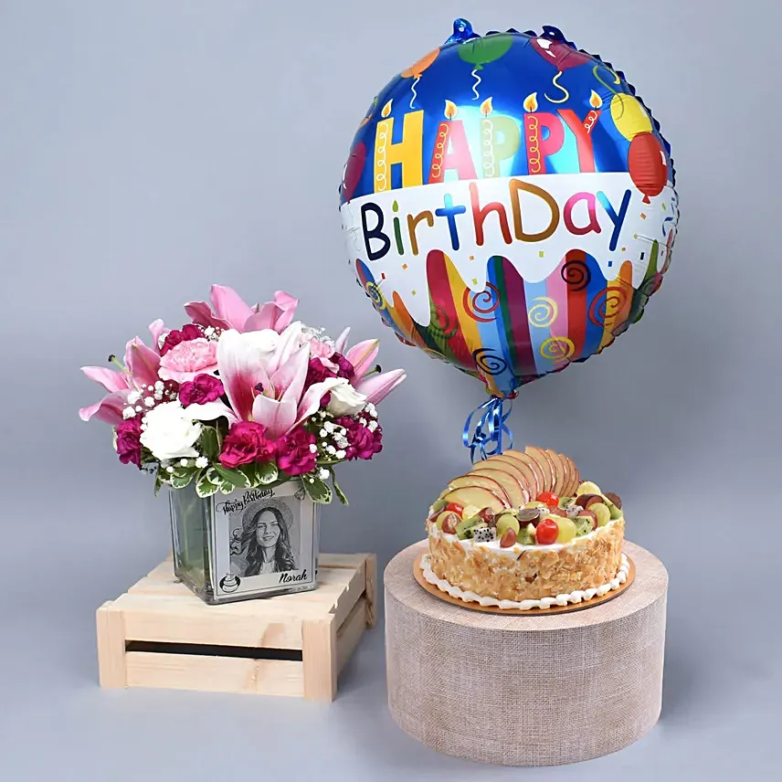 Personalised Vase Birthday Flower Cake & Balloon