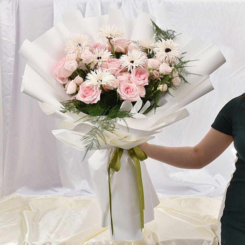 Pink Ohara Roses and White Spider Gerberas Bouquet