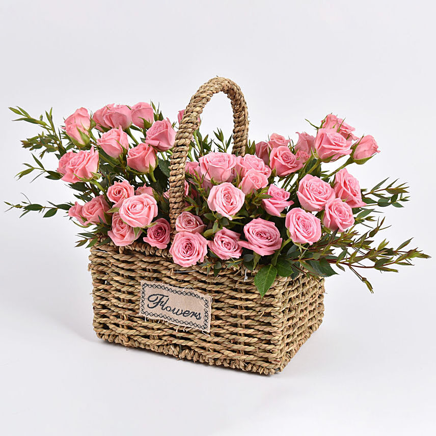 Pink Spray Roses in Small Basket