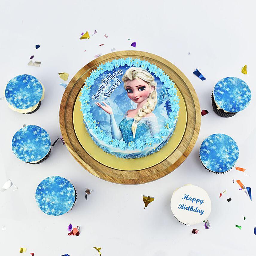 Princess Elsa Birthday Chocolate  Cake with Cupcakes