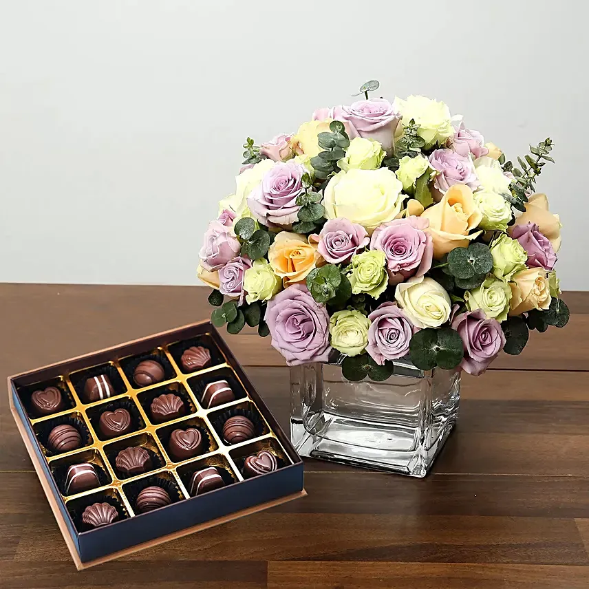 Purple and White Roses Array With Belgian Chocolates