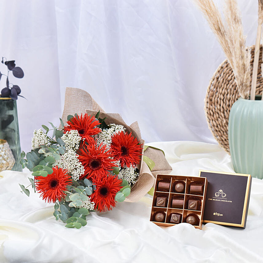 Red Spider Gerberas & Rice Flowers with Chocolates