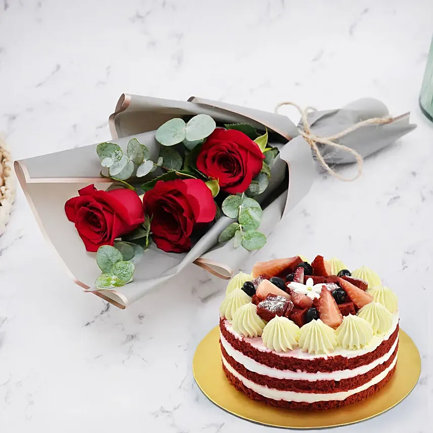 Red Velvet Cake and Bunch of 3 Red Roses