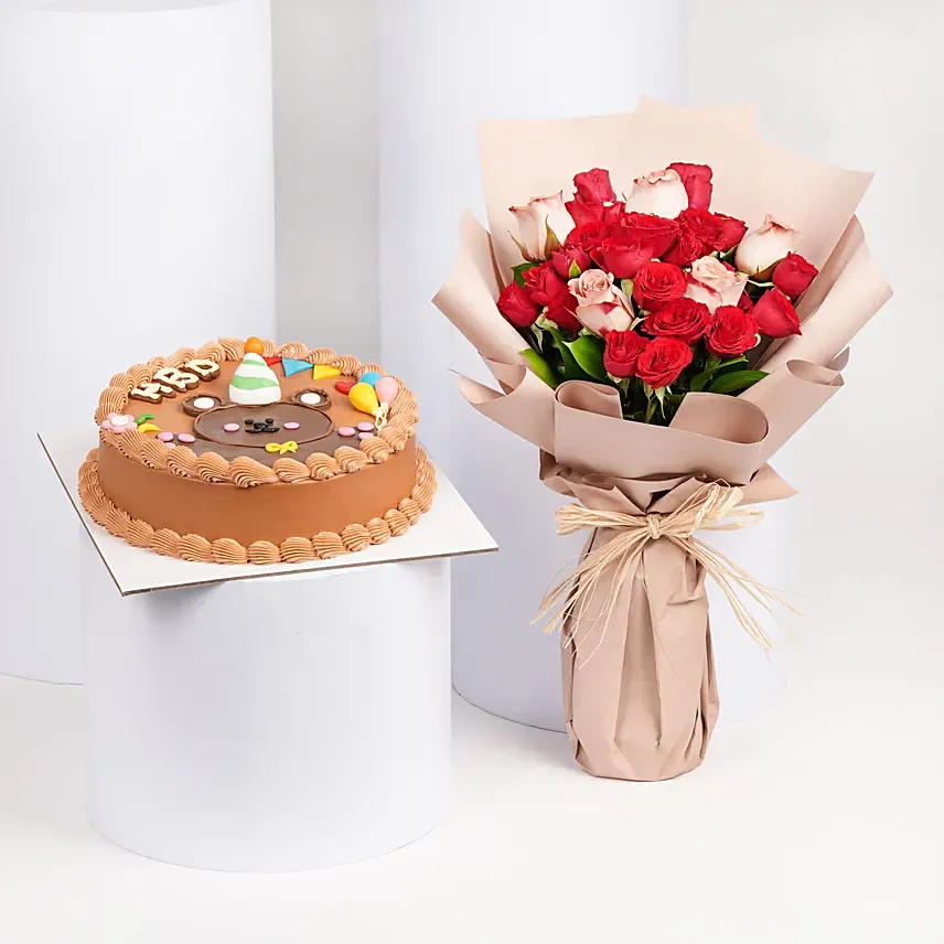 Roses Bouquet with Teddy Birthday Chocolate Cake