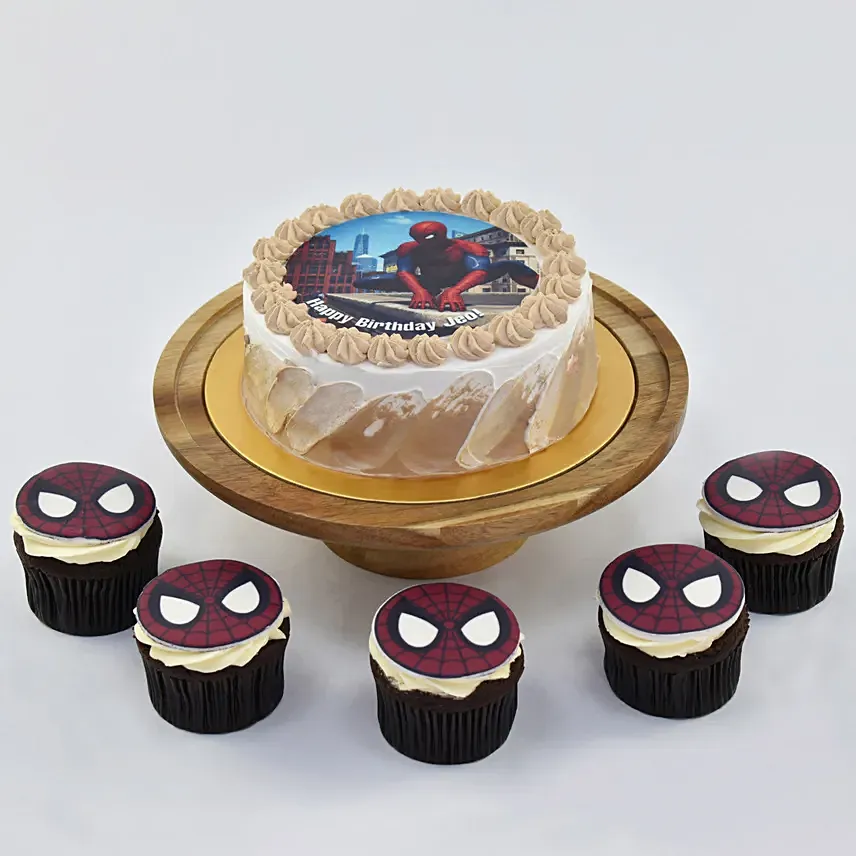 Spiderman Birthday Red Velvet  Cake With Cupcakes