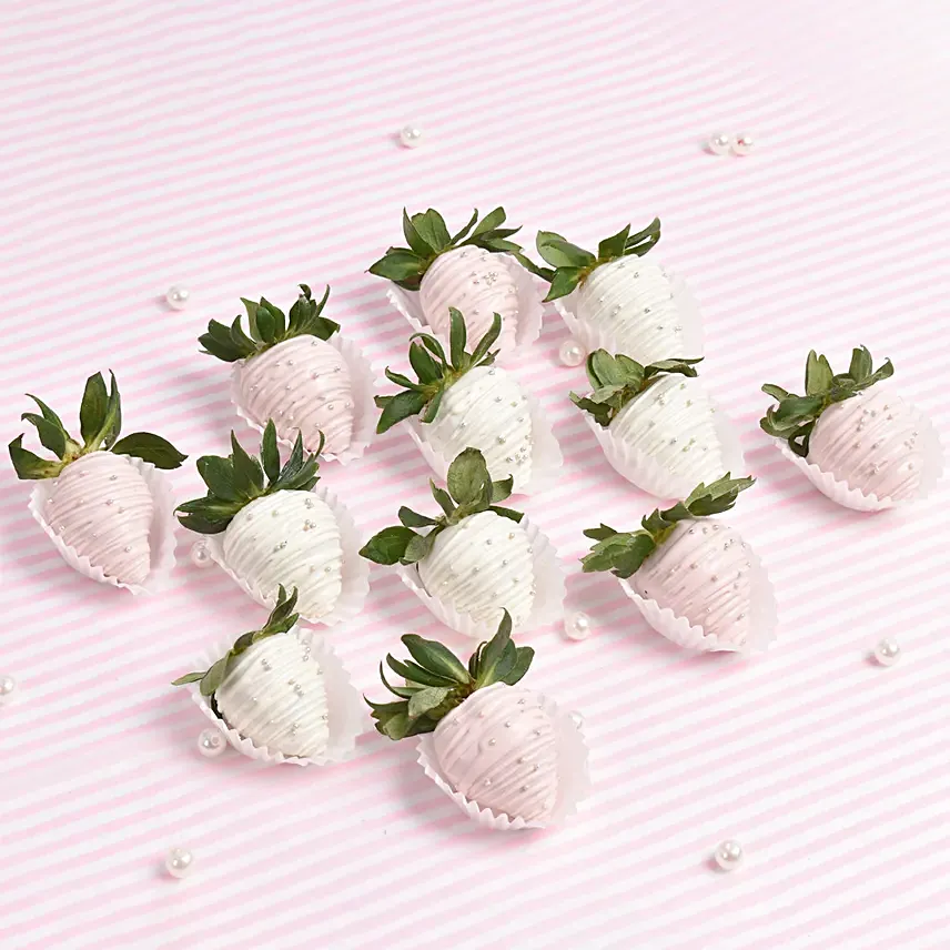 12 قطعة فراولة مغطاة بشوكولاتة بيضاء ووردية لذيذة
