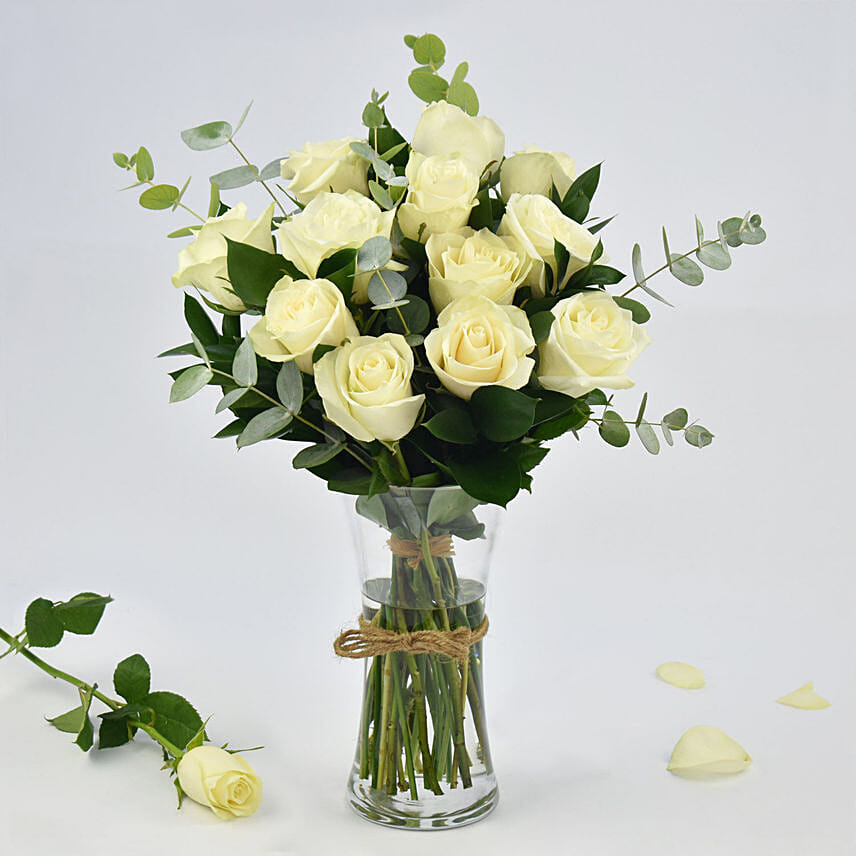 Vase Of Elegant 12 White Roses