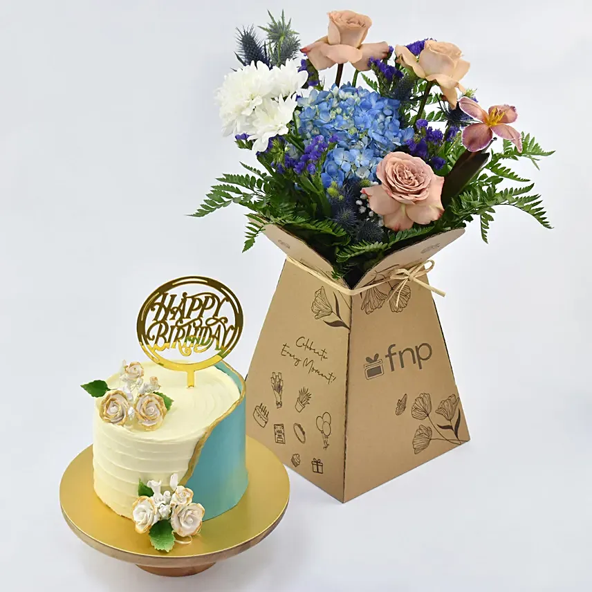 Your Special Birthday Celebration Marble Cake and Flowers