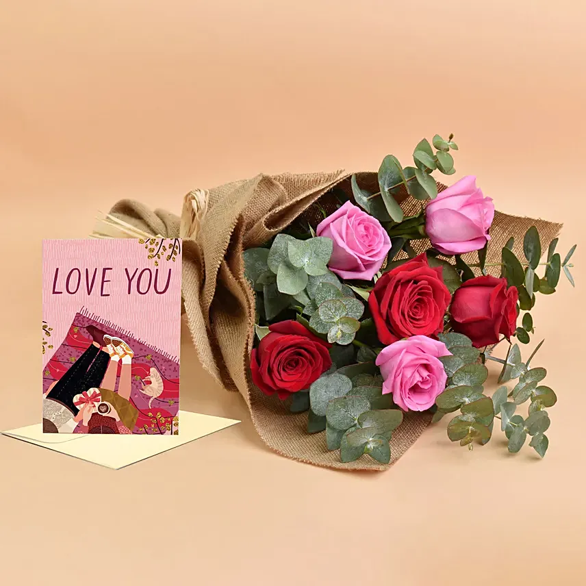 3 Pink 3 Red Roses Valentine Bouquet With Greeting Card