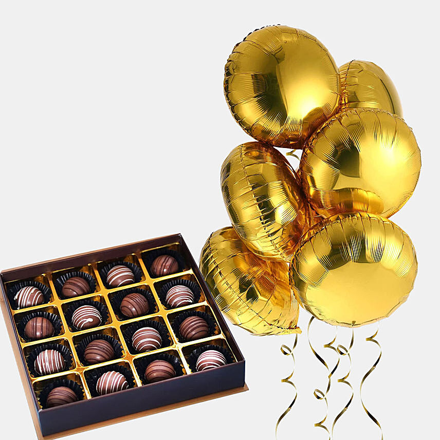 6 Golden Foil Balloons & Hazelnut Chocolates