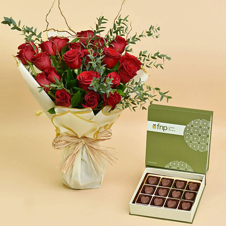 20 Red Roses Hand Bouquet and Chocolates