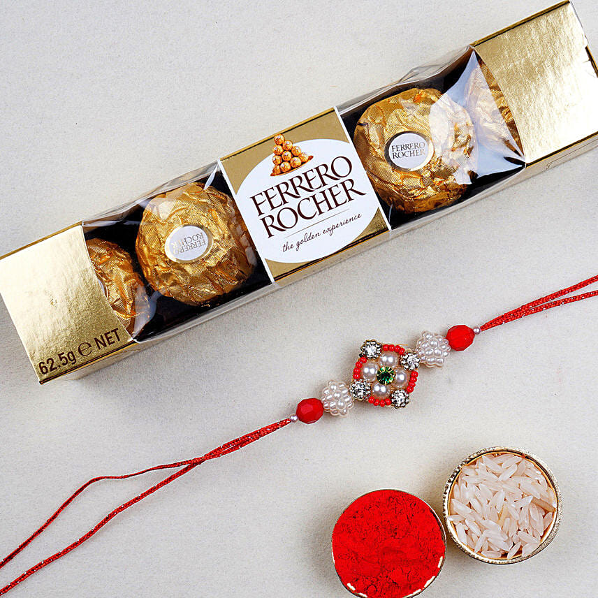 Appealing Floral Rakhi and 6 Pcs Ferrero Rocher