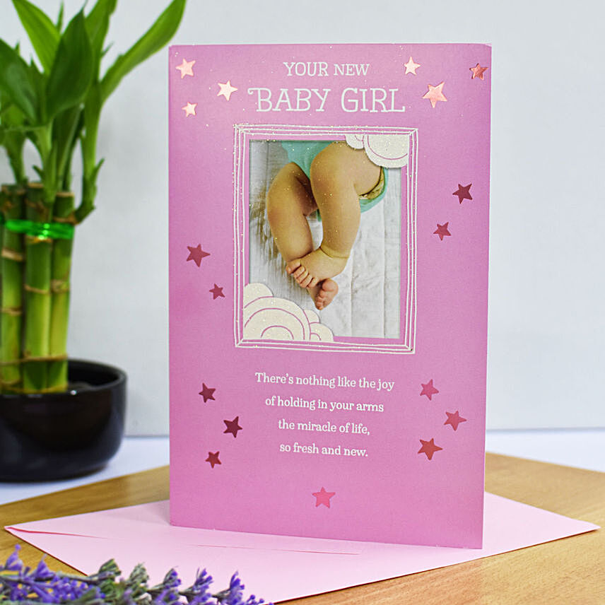بطاقة تهنئة للمولود البنت لطيفة باللون الوردي وحجم A7