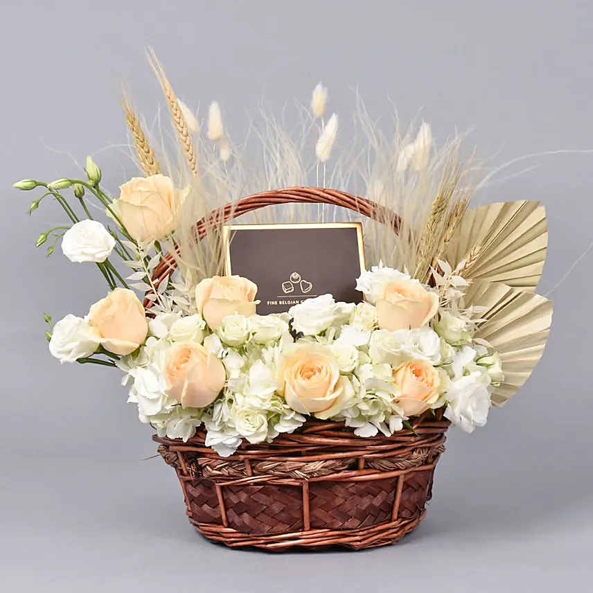Basket of Flowers and Belgian Chocolates