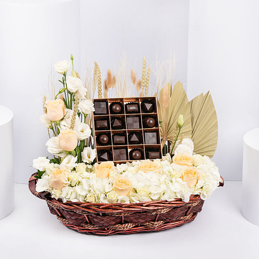 Basket of Flowers and Belgian Chocolates