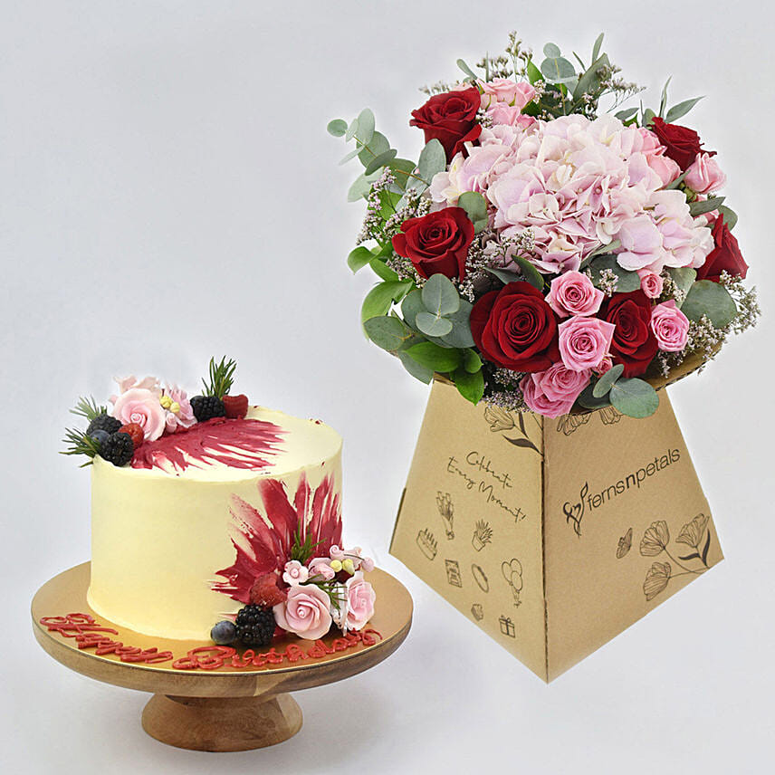 Birthday Surprise Vanilla Cake and Flowers