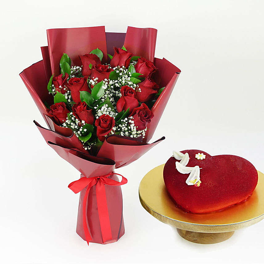 Bunch of Beautiful 12 Red Rose with Cake