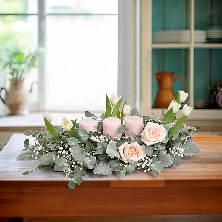 Candles and Flowers Table Arrangement