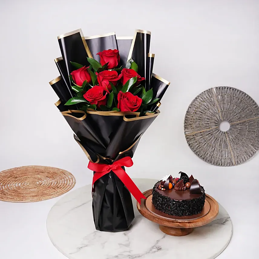 Chocolate Cake with Buch of 6 Red Roses