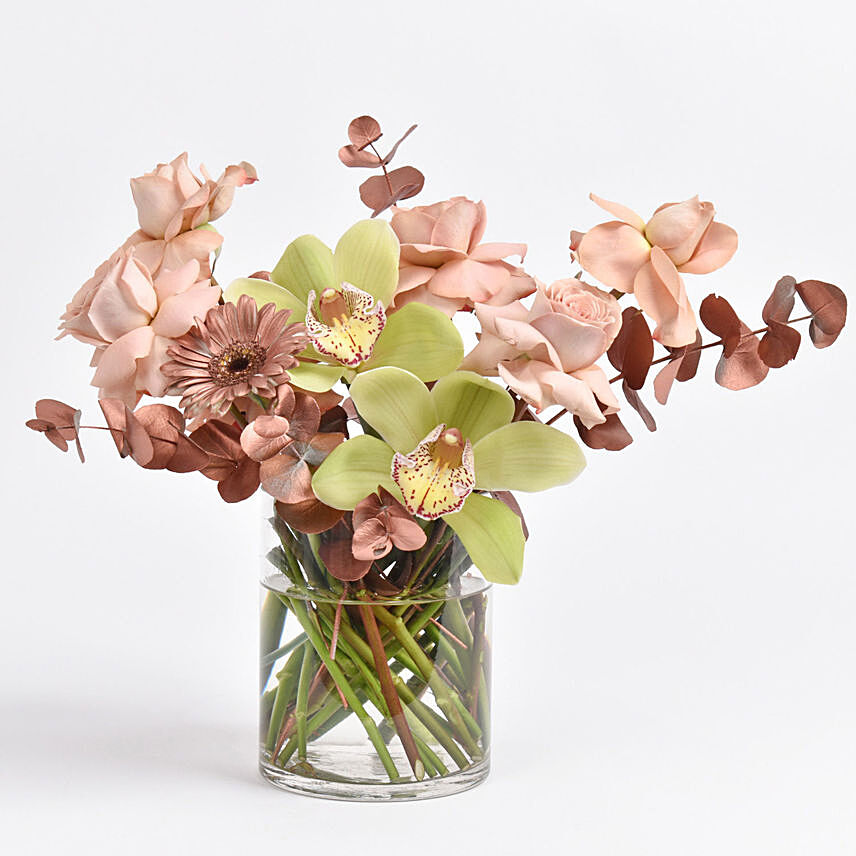 Cymbidium and Roses Flower Vase