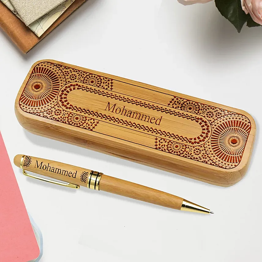 قلم خشبي منقوش وعلبة خشبية بيضاوية منقوشة حسب الطلب
