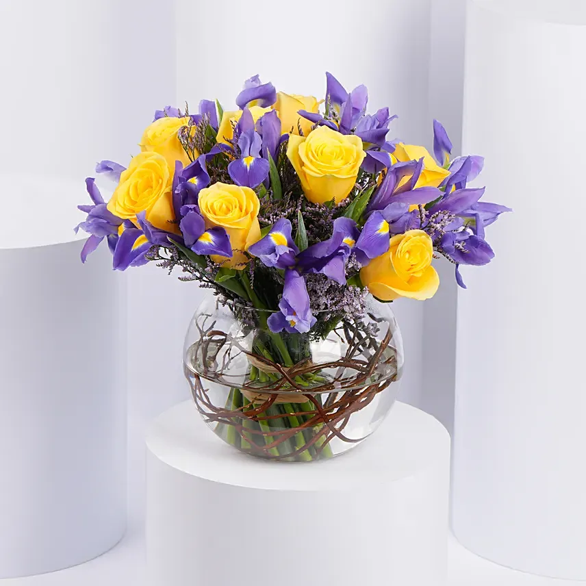 Iris and Rose Fish Bowl Arrangement